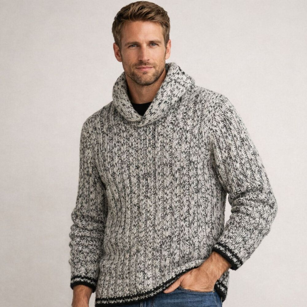 Grant Thomas Ragg Wool Sweater Mens Sz M VTG Black Chunky Shawl Collar Fisherman